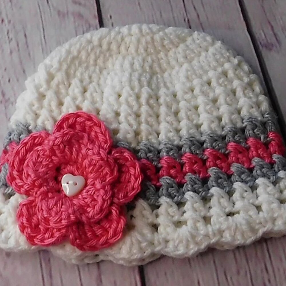 Crochet Baby Hat, Handmade Baby Hat, Infant Hat, Baby Shower Gift, Flower Hat - Picture 3 of 4